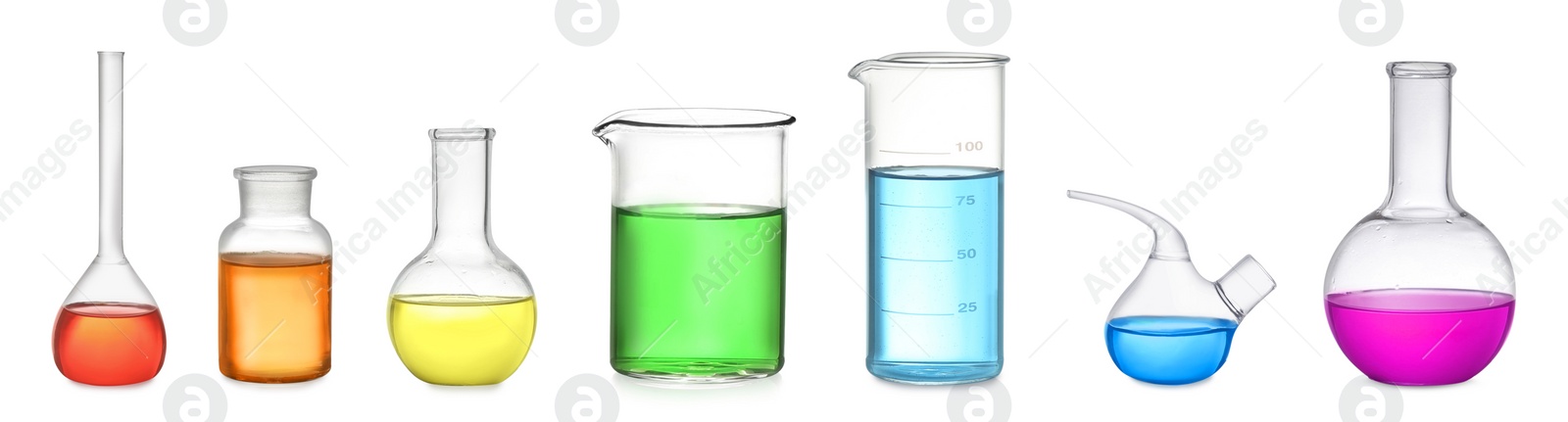 Image of Set of laboratory glassware with colorful liquids on white background. Banner design