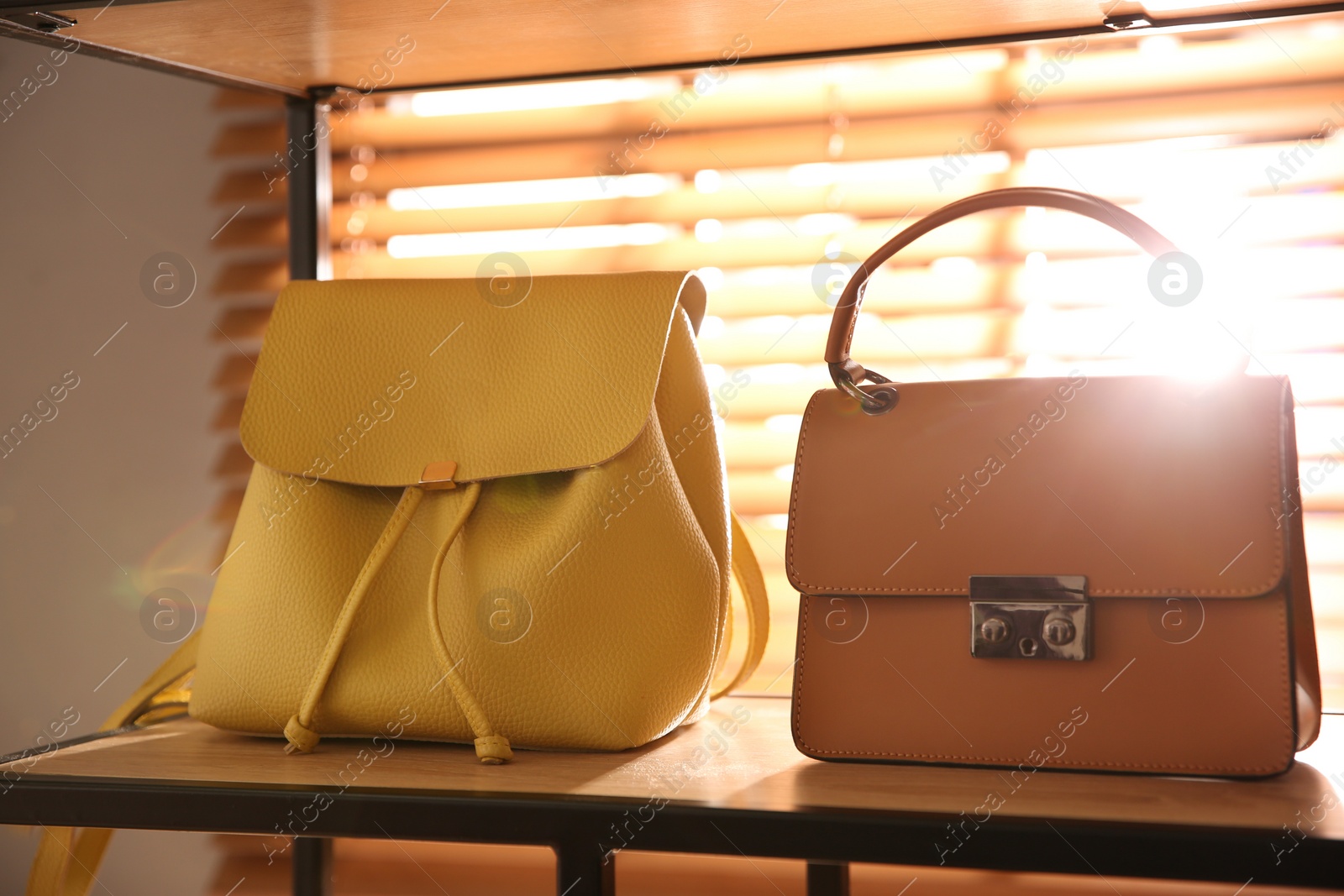 Photo of Stylish woman's bags on shelf in boutique