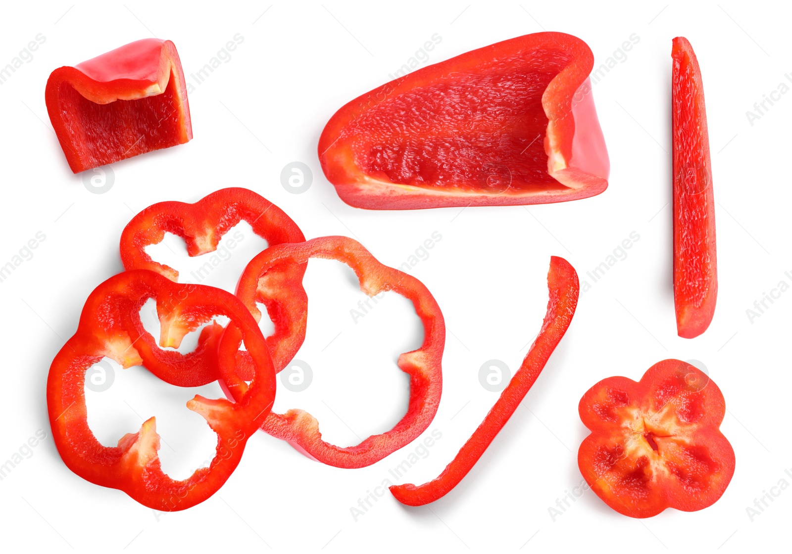 Image of Set of cut ripe red bell peppers on white background, top view