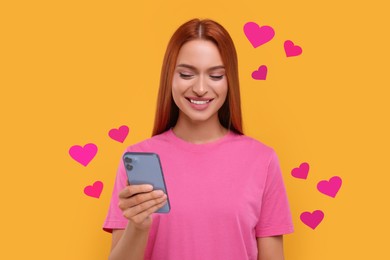 Image of Long distance love. Woman chatting with sweetheart via smartphone on golden background. Hearts flying out of device and swirling around her