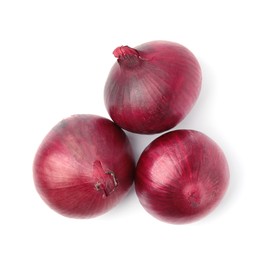 Many fresh red onions on white background, top view