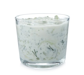 Photo of Glass with cucumber sauce on white background