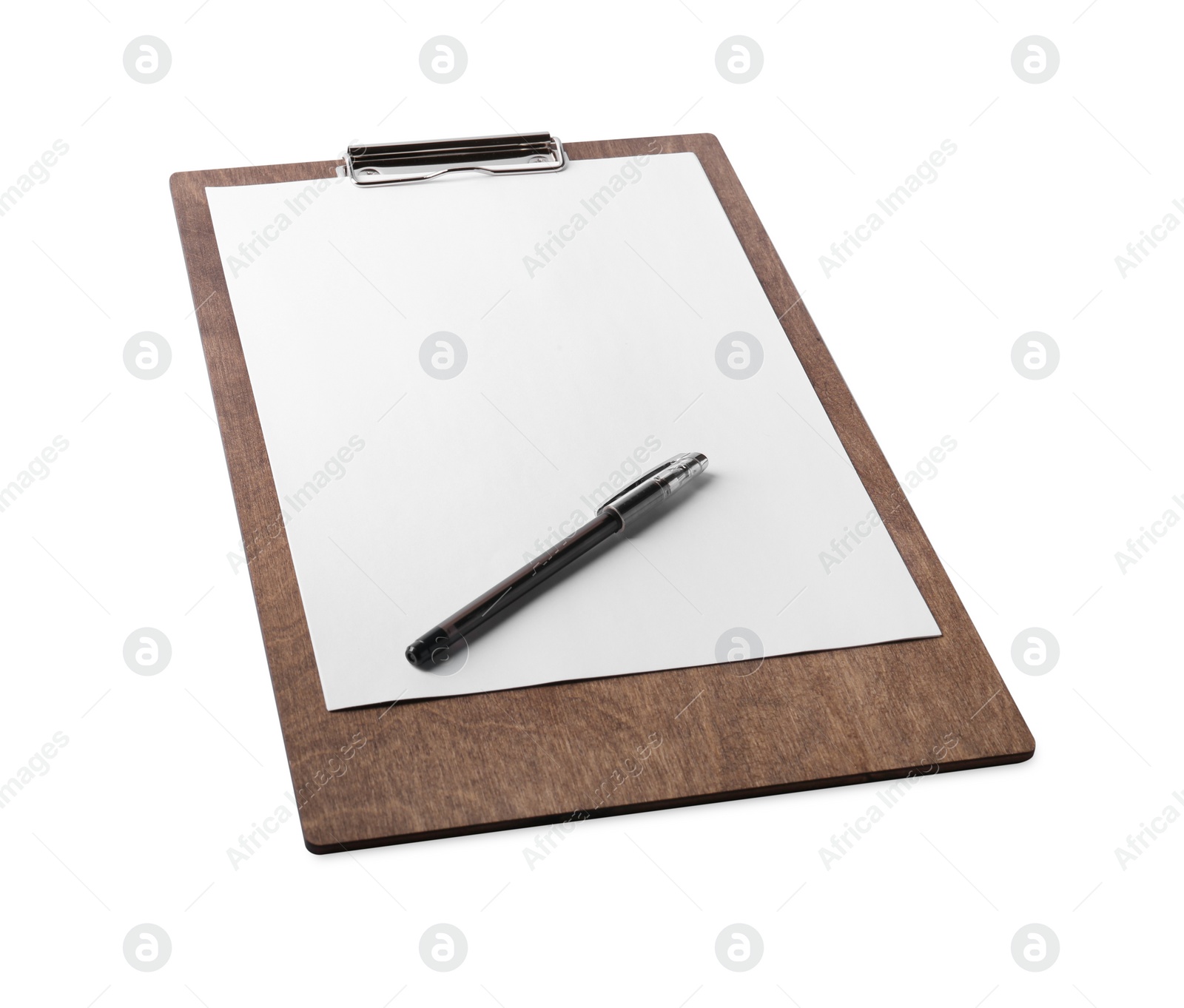 Photo of Wooden clipboard with sheet of paper and pen isolated on white. Space for text