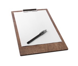 Photo of Wooden clipboard with sheet of paper and pen isolated on white. Space for text