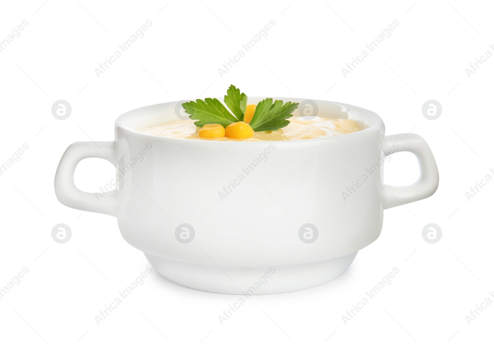 Photo of Delicious corn cream soup isolated on white