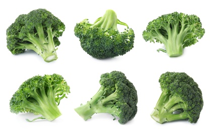 Image of Set of ripe green broccoli on white background