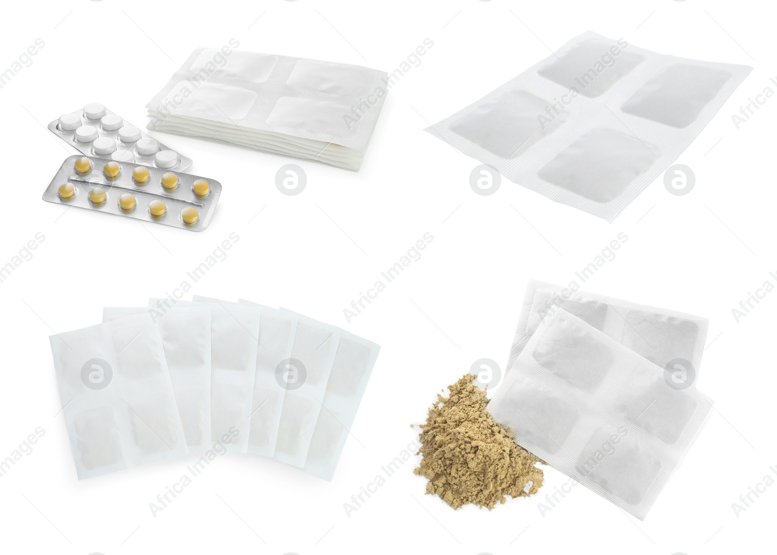 Image of Set with mustard plasters on white background