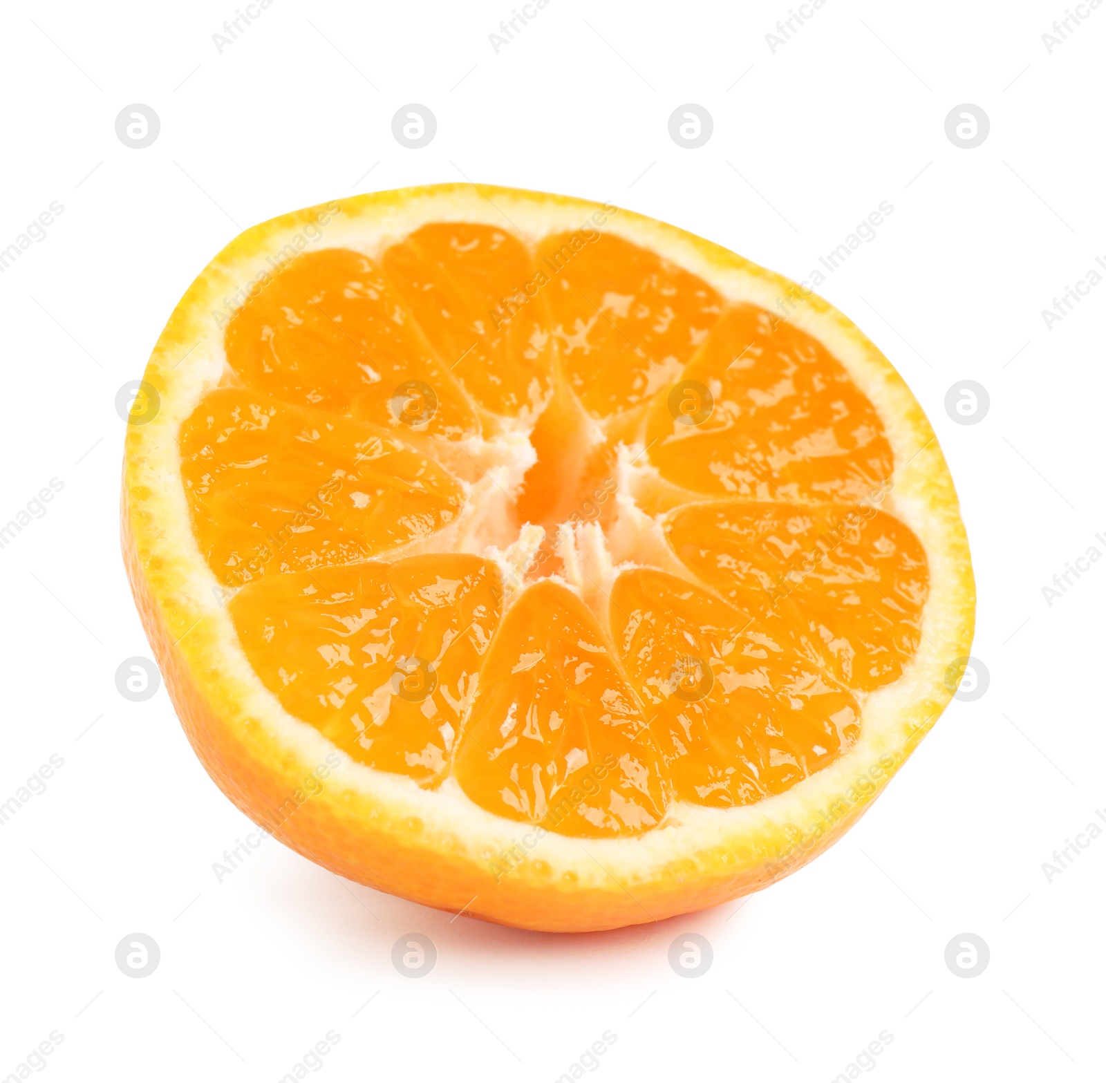 Photo of Cut fresh juicy tangerine isolated on white