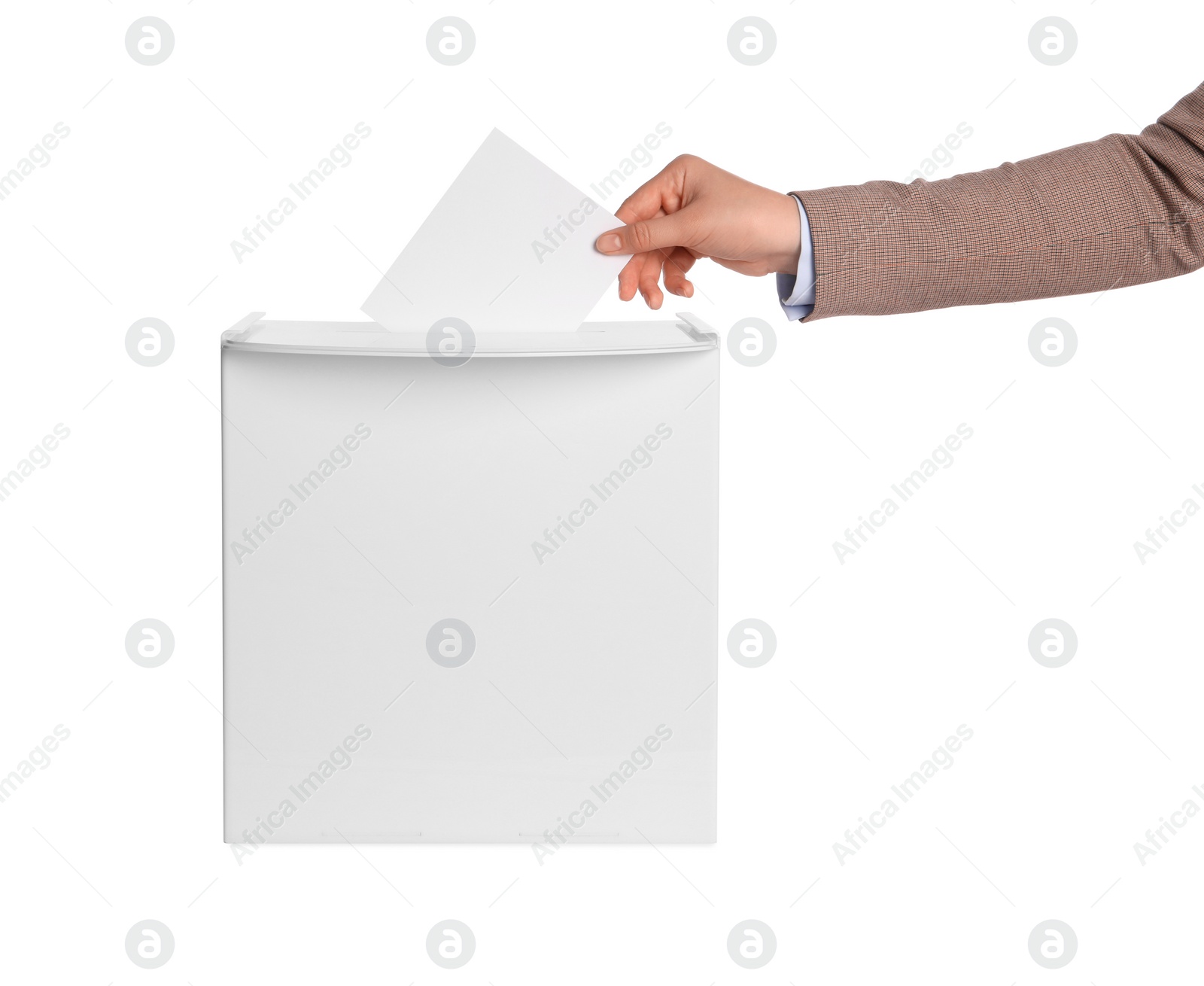 Photo of Woman putting her vote into ballot box on white background, closeup