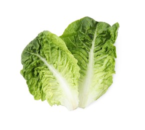 Photo of Fresh leaves of green romaine lettuce isolated on white, top view