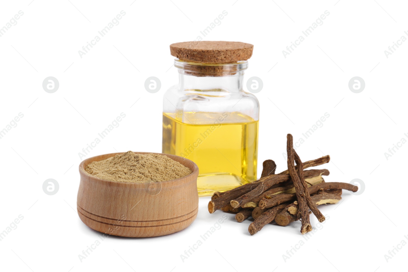 Photo of Dried sticks of licorice root, powder and essential oil isolated on white