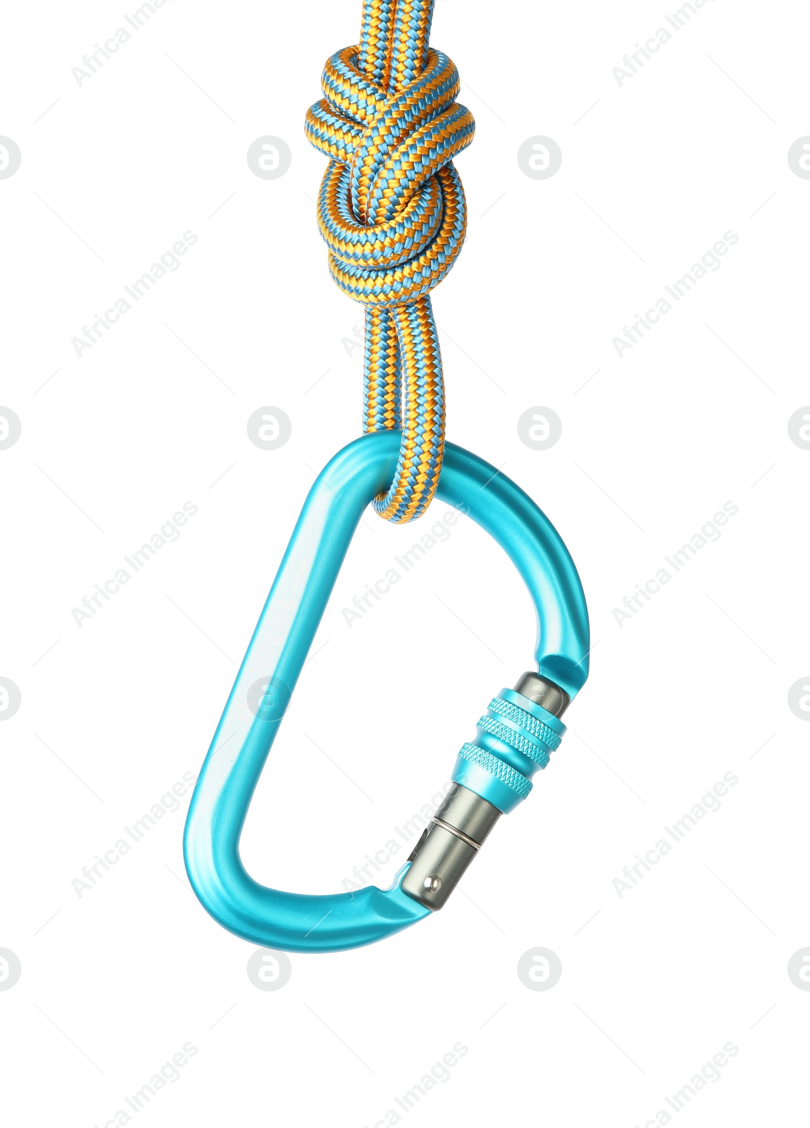 Photo of One metal carabiner with rope isolated on white