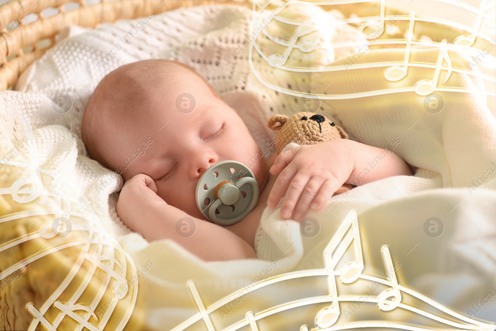 Image of Lullaby songs. Cute little baby sleeping at home. Illustration of flying music notes around child