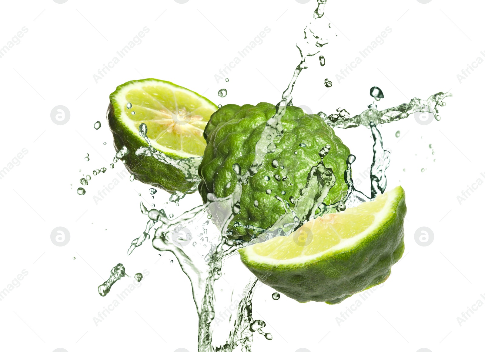 Image of Fresh ripe bergamot fruits and splashing water on white background