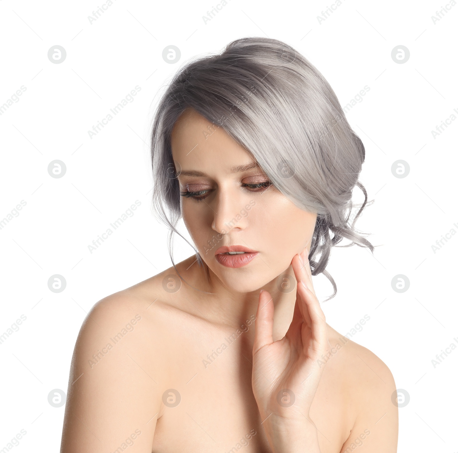 Image of Beautiful woman with ash hair color on white background