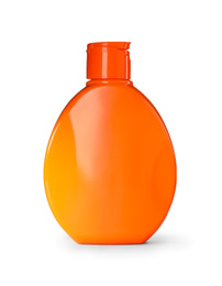 Photo of Orange plastic bottle isolated on white. Mockup for design