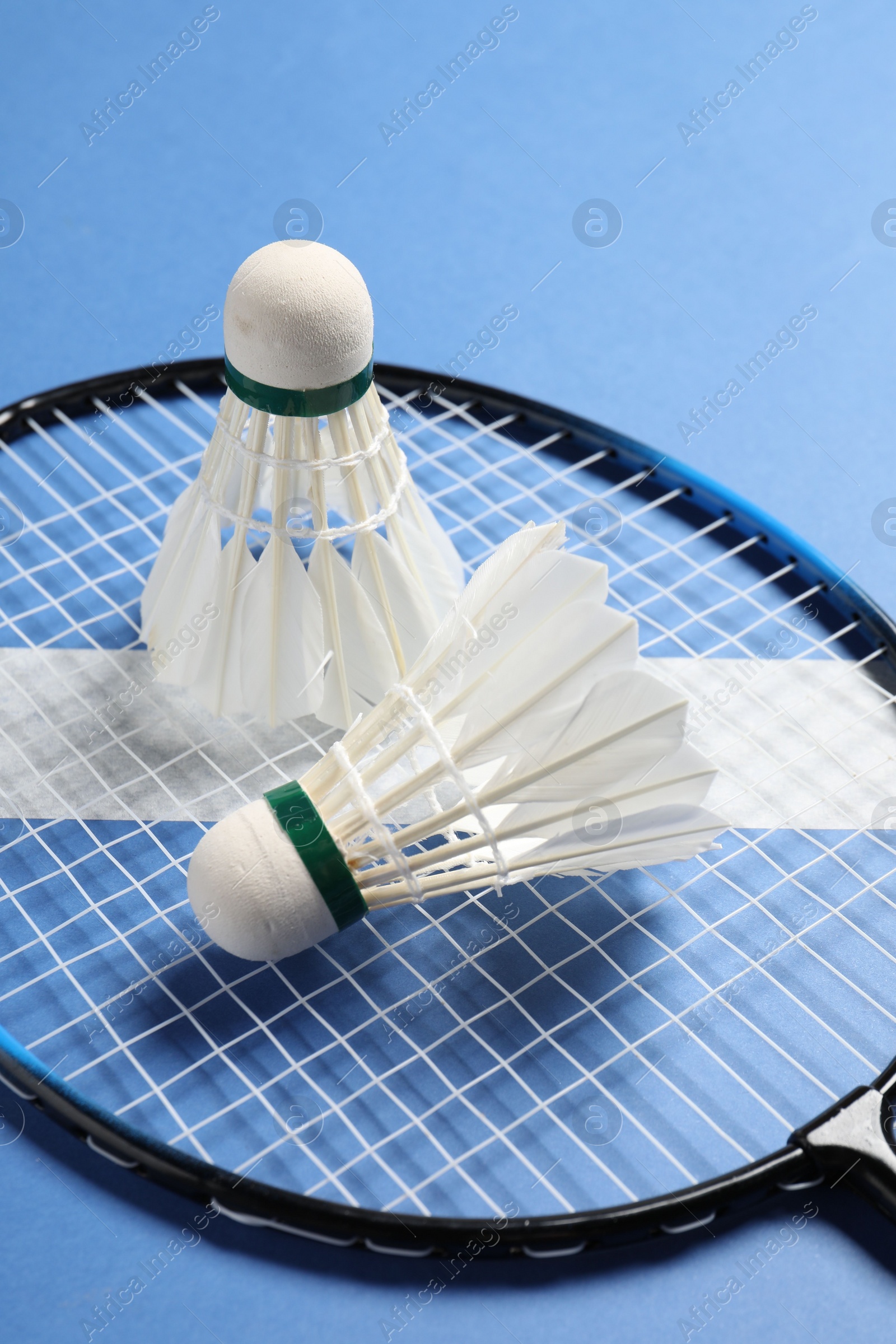 Photo of Feather badminton shuttlecocks and racket on blue background, closeup