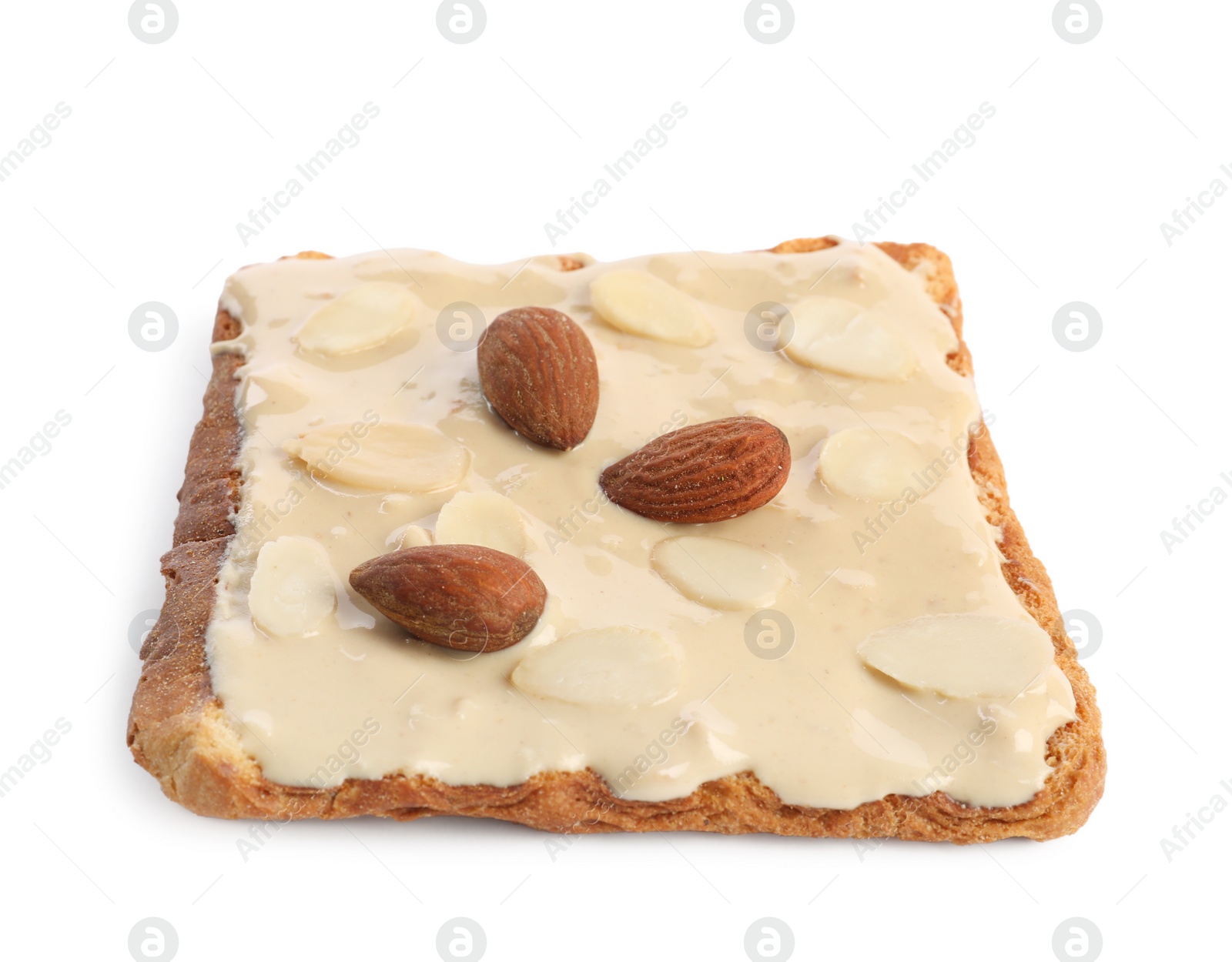 Photo of Toast with tasty nut butter and almonds isolated on white