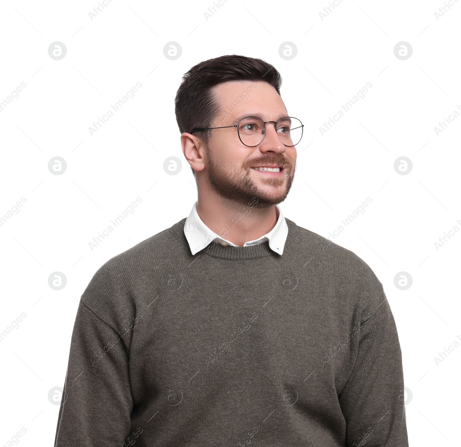 Photo of Portrait of handsome bearded businessman in eyeglasses on white background