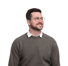 Portrait of handsome bearded businessman in eyeglasses on white background