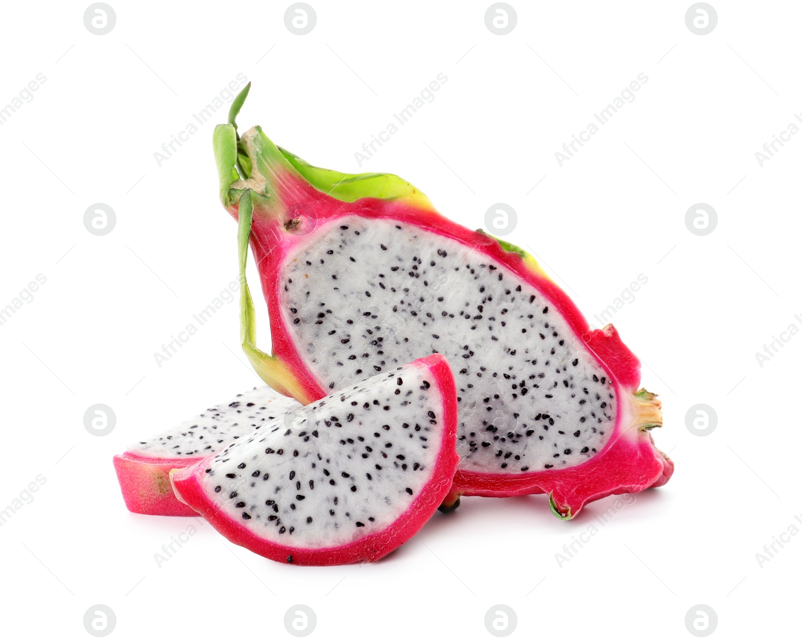 Photo of Delicious cut pitahaya fruit on white background