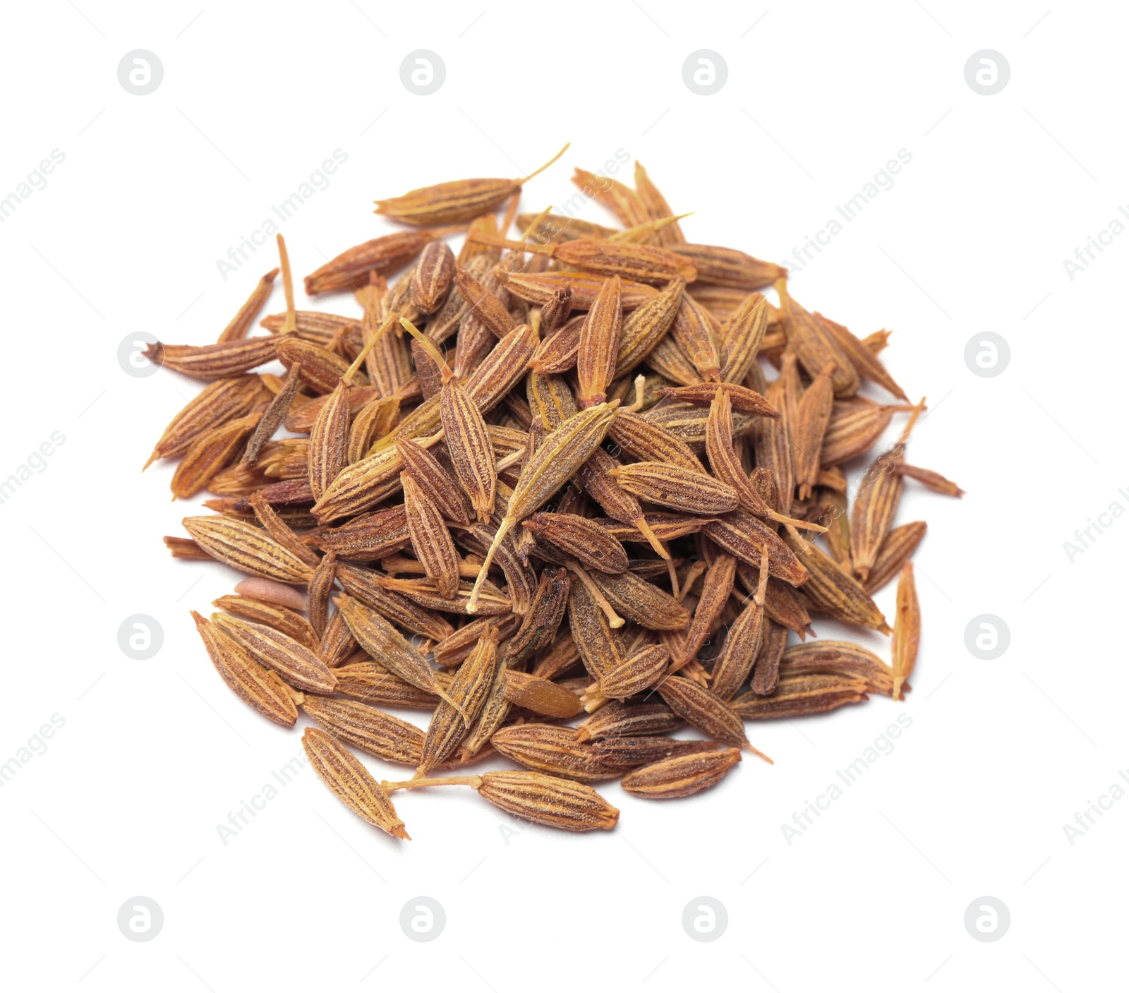 Photo of Heap of aromatic caraway (Persian cumin) seeds isolated on white, top view