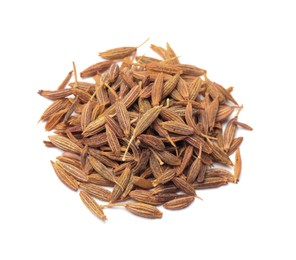 Photo of Heap of aromatic caraway (Persian cumin) seeds isolated on white, top view