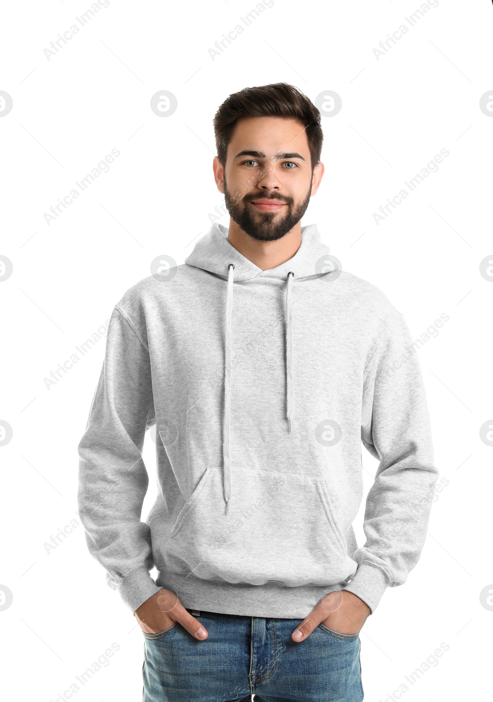 Photo of Portrait of young man in sweater isolated on white. Mock up for design