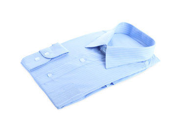 Photo of Stylish light blue shirt isolated on white. Dry-cleaning service