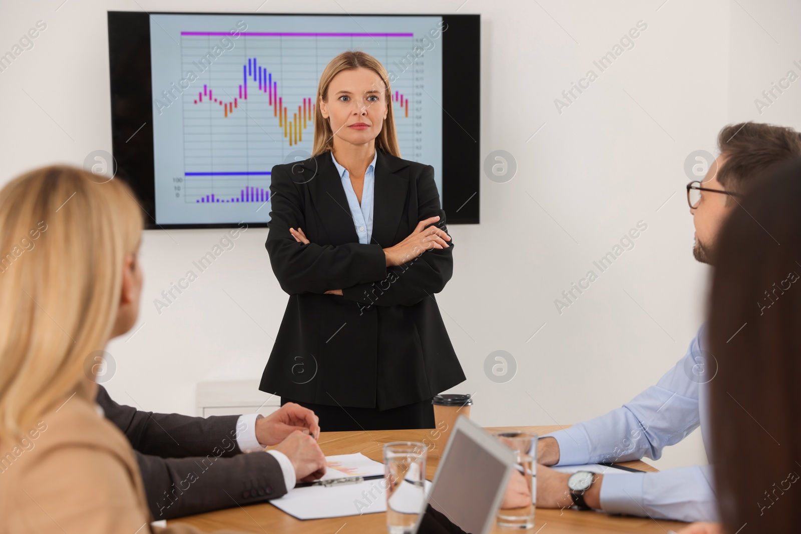 Photo of Businesswoman having meeting with her employees in office