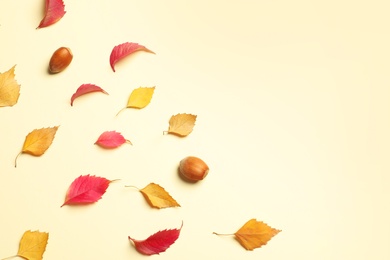 Photo of Flat lay composition with autumn leaves and space for text on color background