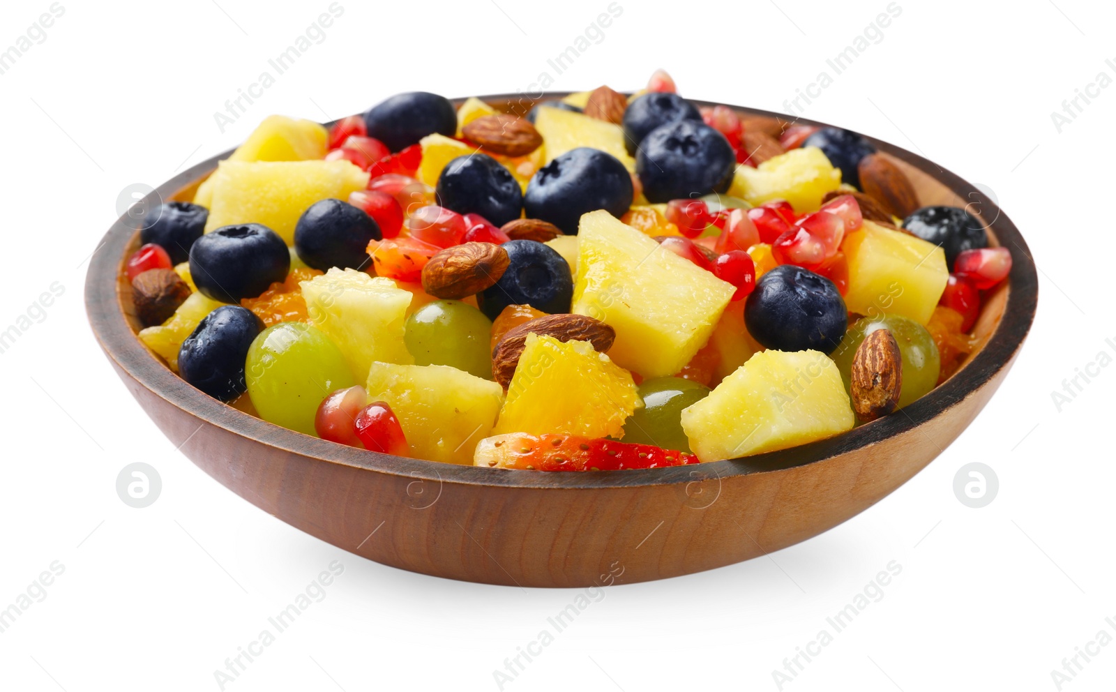 Photo of Delicious fruit salad in bowl isolated on white