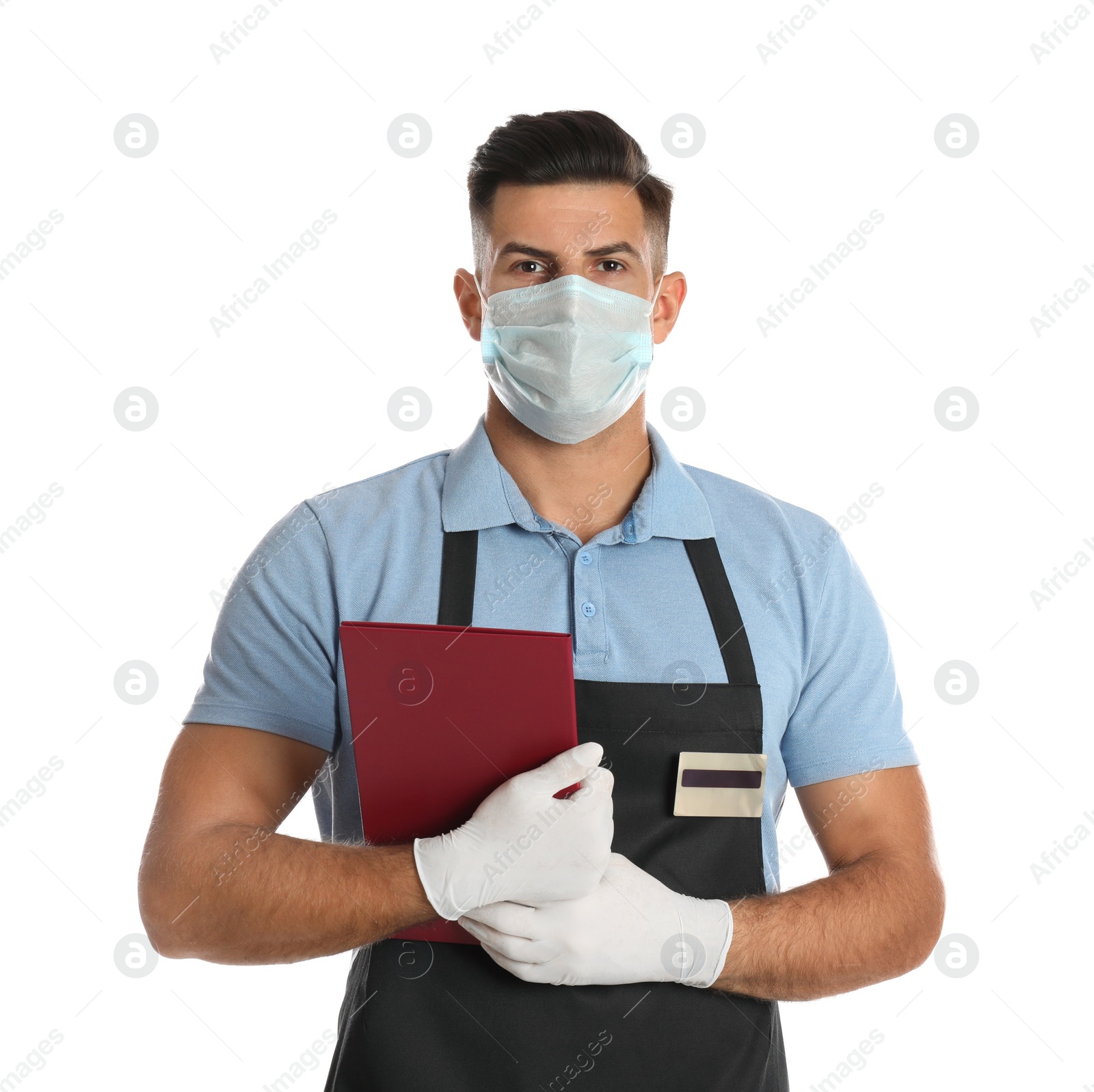 Photo of Waiter in medical face mask with menu on white background