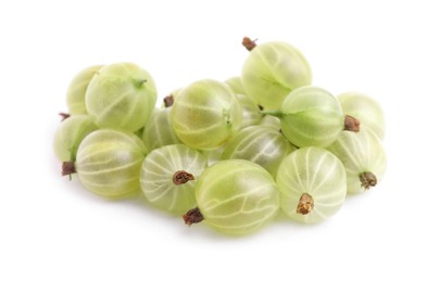 Pile of fresh ripe gooseberries on white background