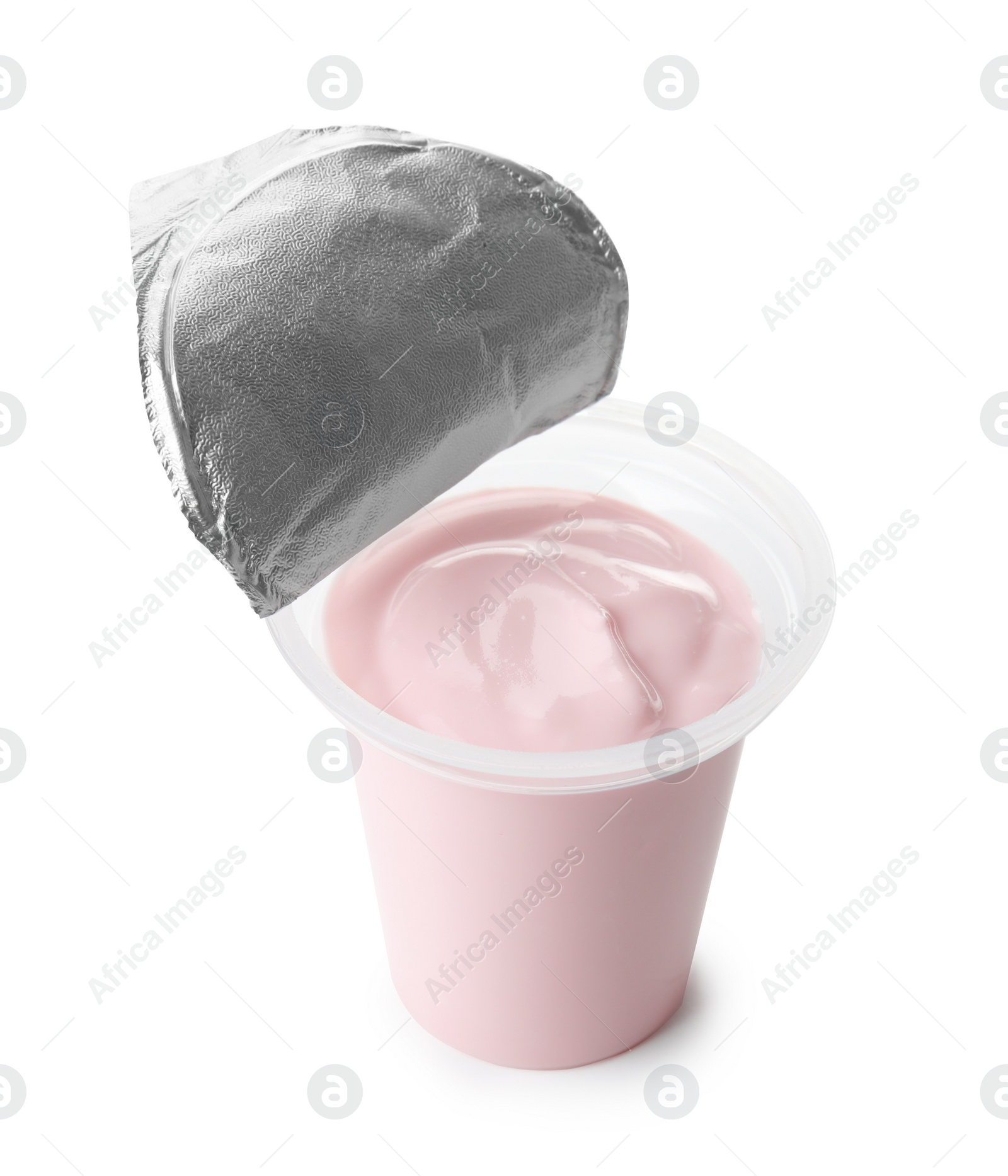 Photo of Plastic cup with creamy yogurt on white background