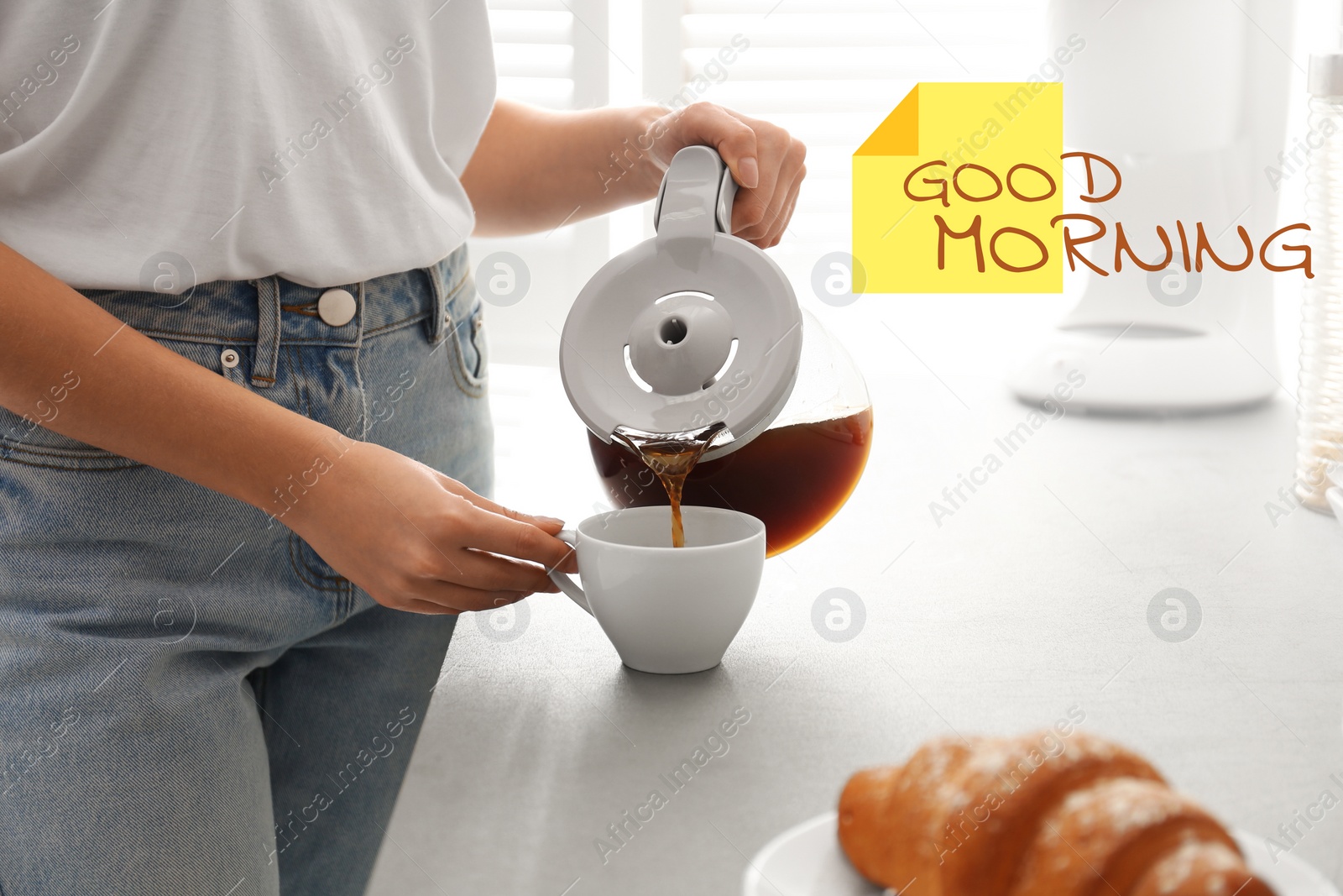 Image of Good Morning! Woman pouring coffee into cup at home, closeup