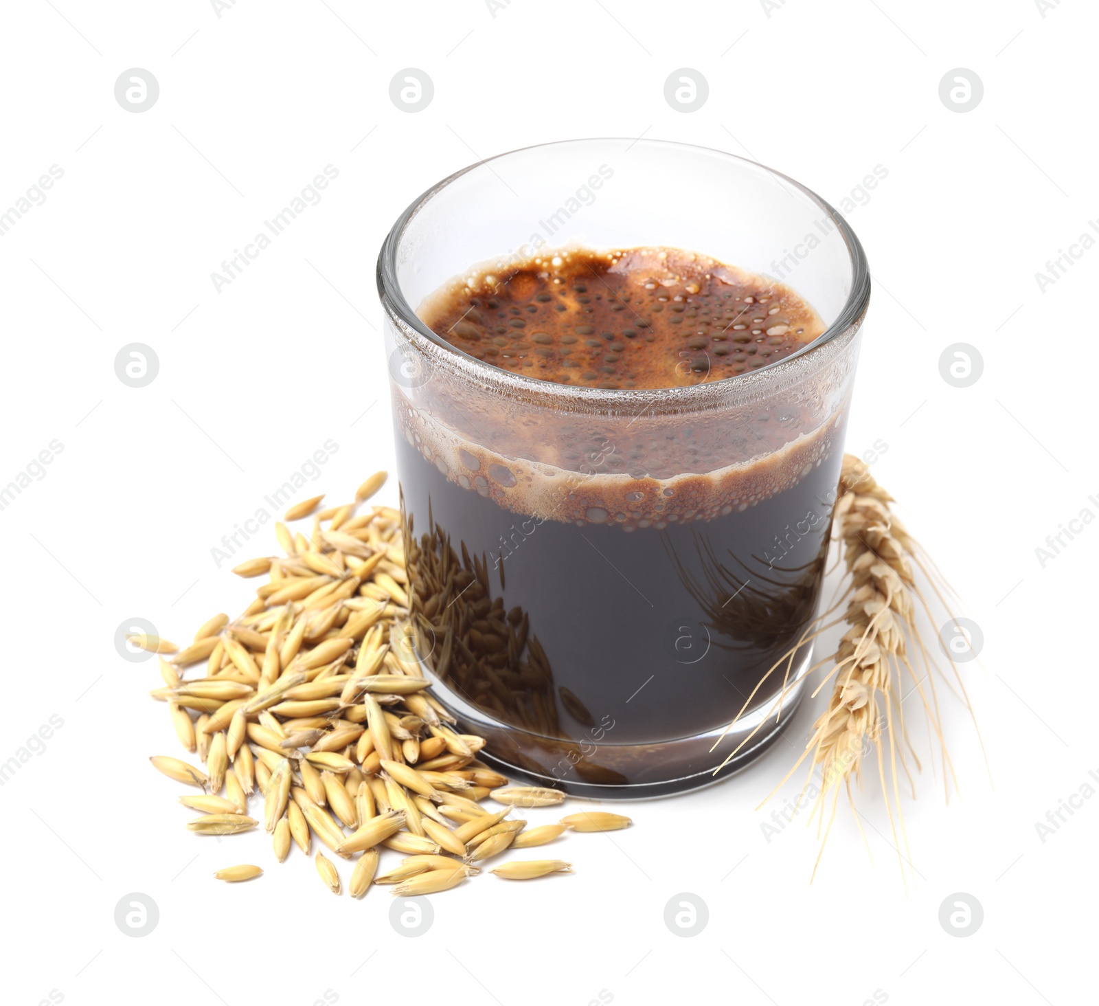 Photo of Cup of barley coffee, grains and spike isolated on white