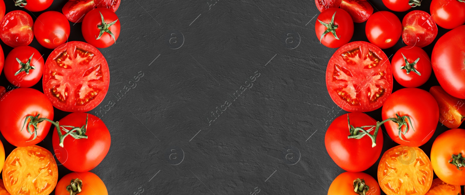 Image of Flat lay composition with fresh ripe tomatoes on black background, space for text. Banner design 