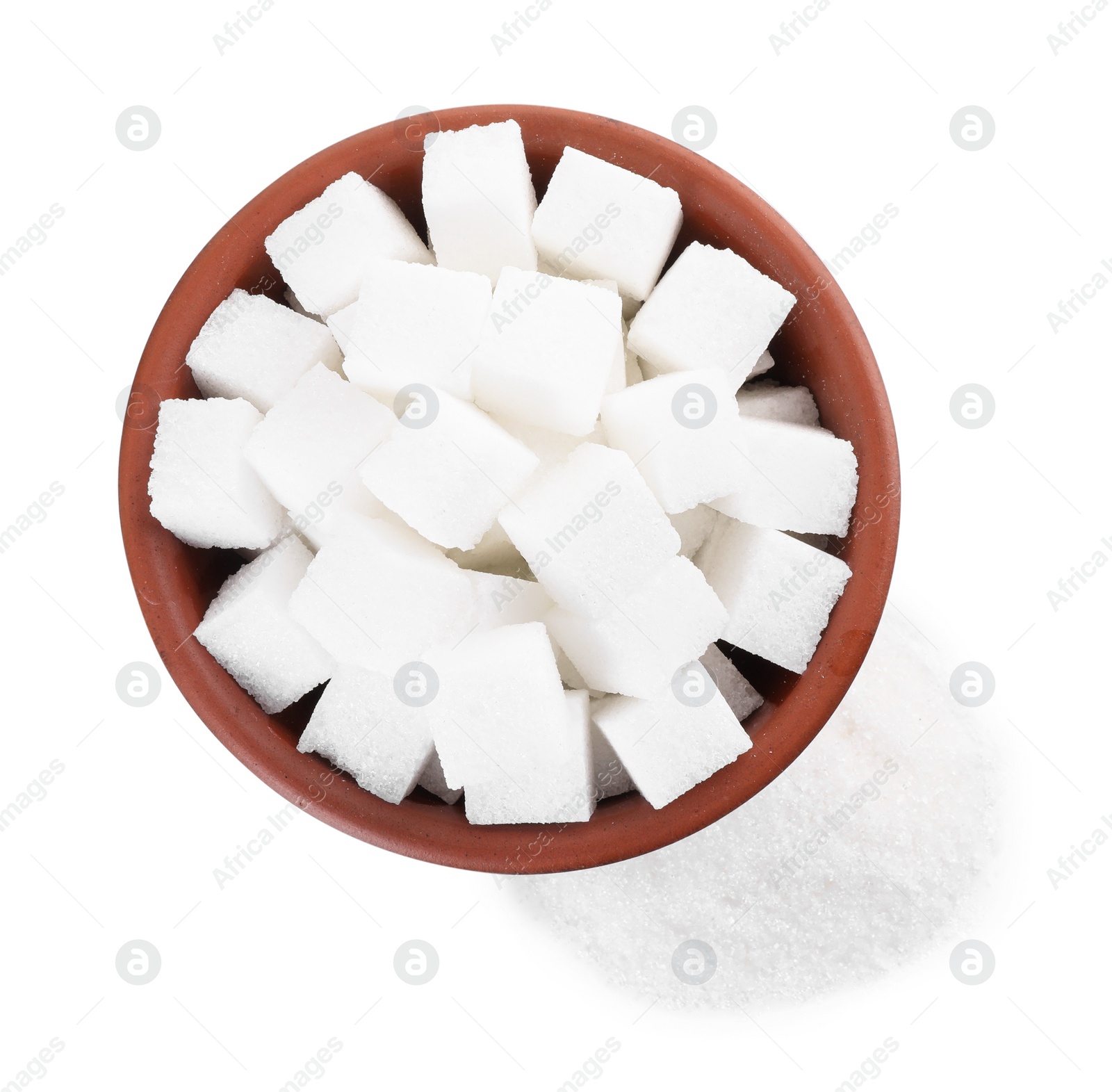 Photo of Different types of sugar and bowl isolated on white, top view