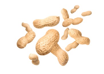 Image of Unpeeled peanuts in air on white background