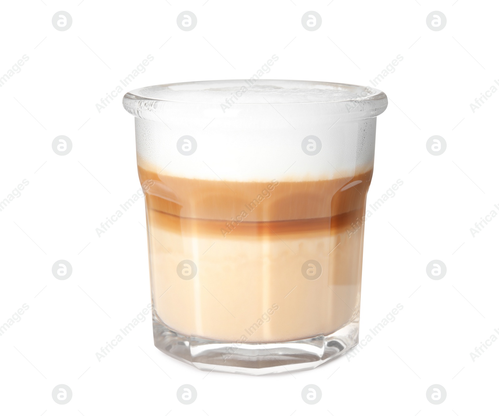 Photo of Glass of delicious latte macchiato on white background