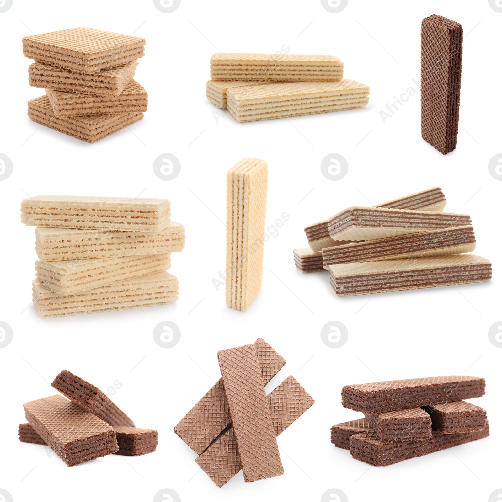 Image of Set of different delicious crispy wafers on white background. Sweet food