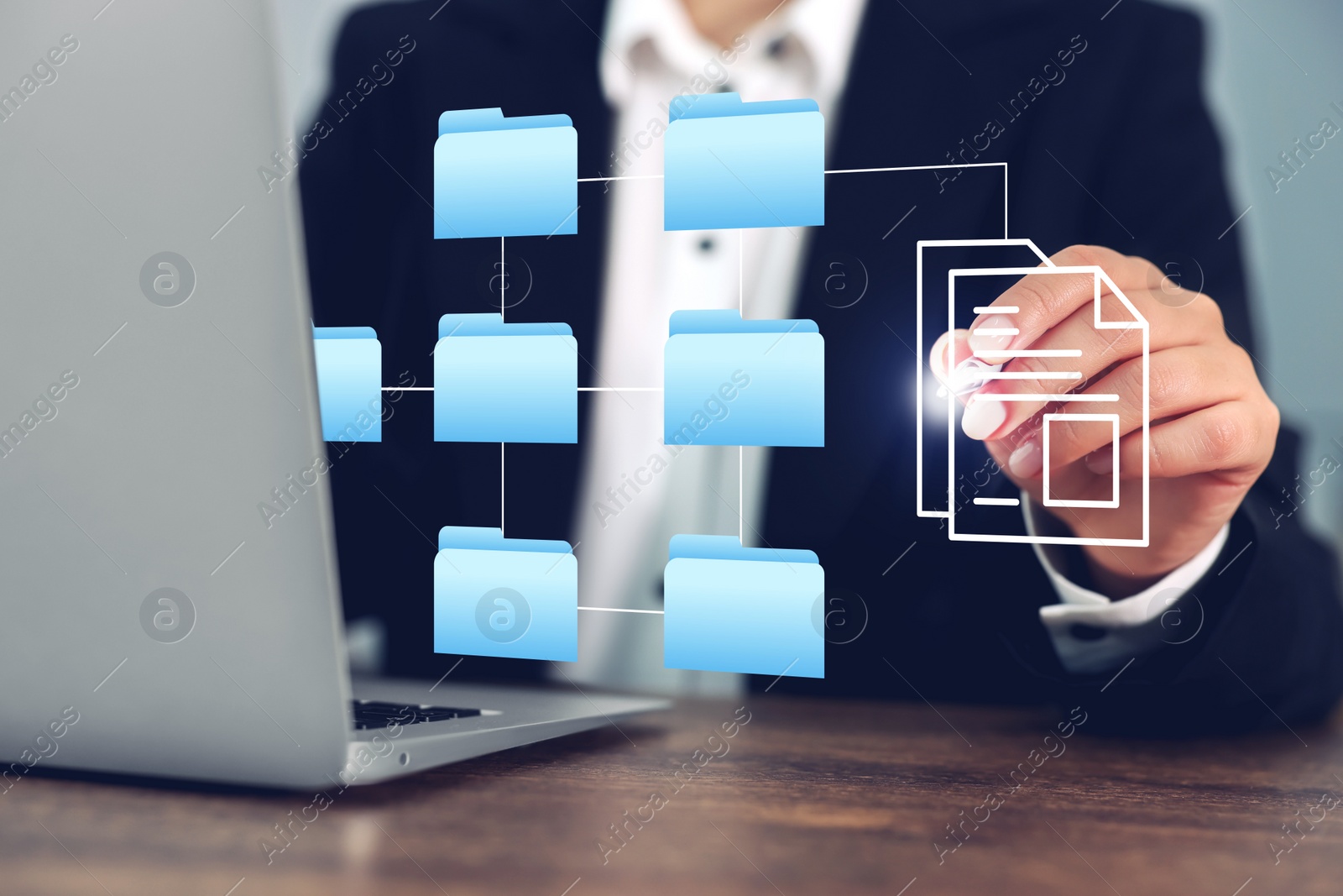 Image of File system. Woman with laptop at table, closeup. User organizing folders and documents on virtual screen