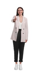 Photo of Beautiful young businesswoman in suit on white background