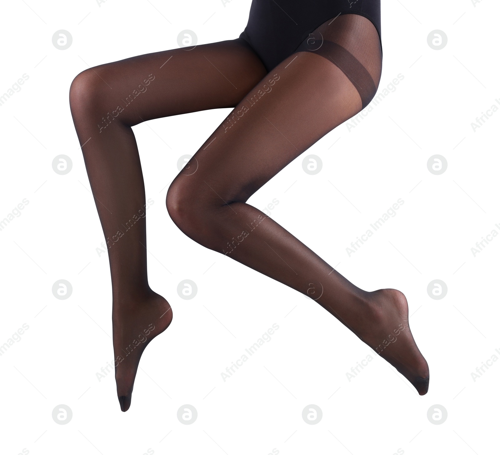 Photo of Woman wearing black tights on white background, closeup