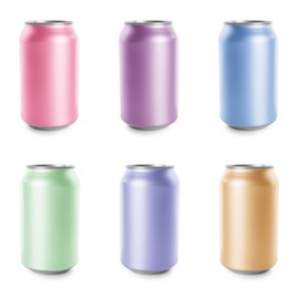 Image of Set with different colorful aluminium cans of beverage on white background