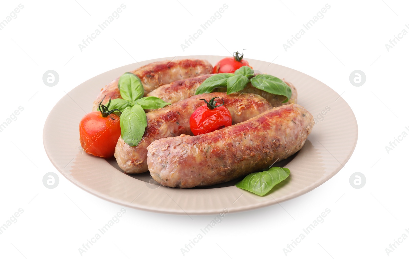 Photo of Plate with tasty homemade sausages, basil leaves and tomatoes on white background