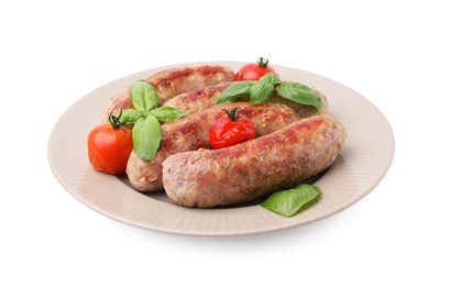 Photo of Plate with tasty homemade sausages, basil leaves and tomatoes on white background