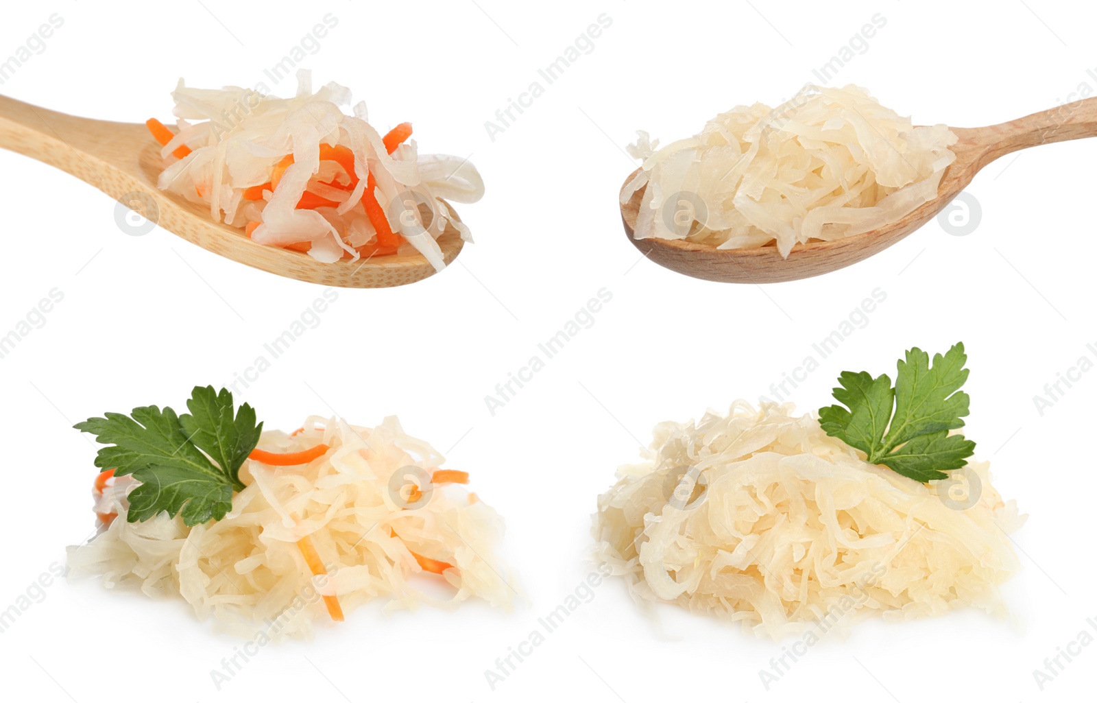 Image of Set with tasty fermented cabbage with carrot on white background