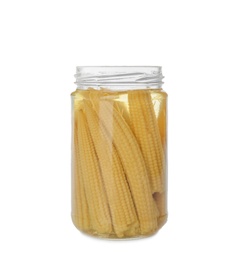 Photo of Jar of pickled baby corn isolated on white